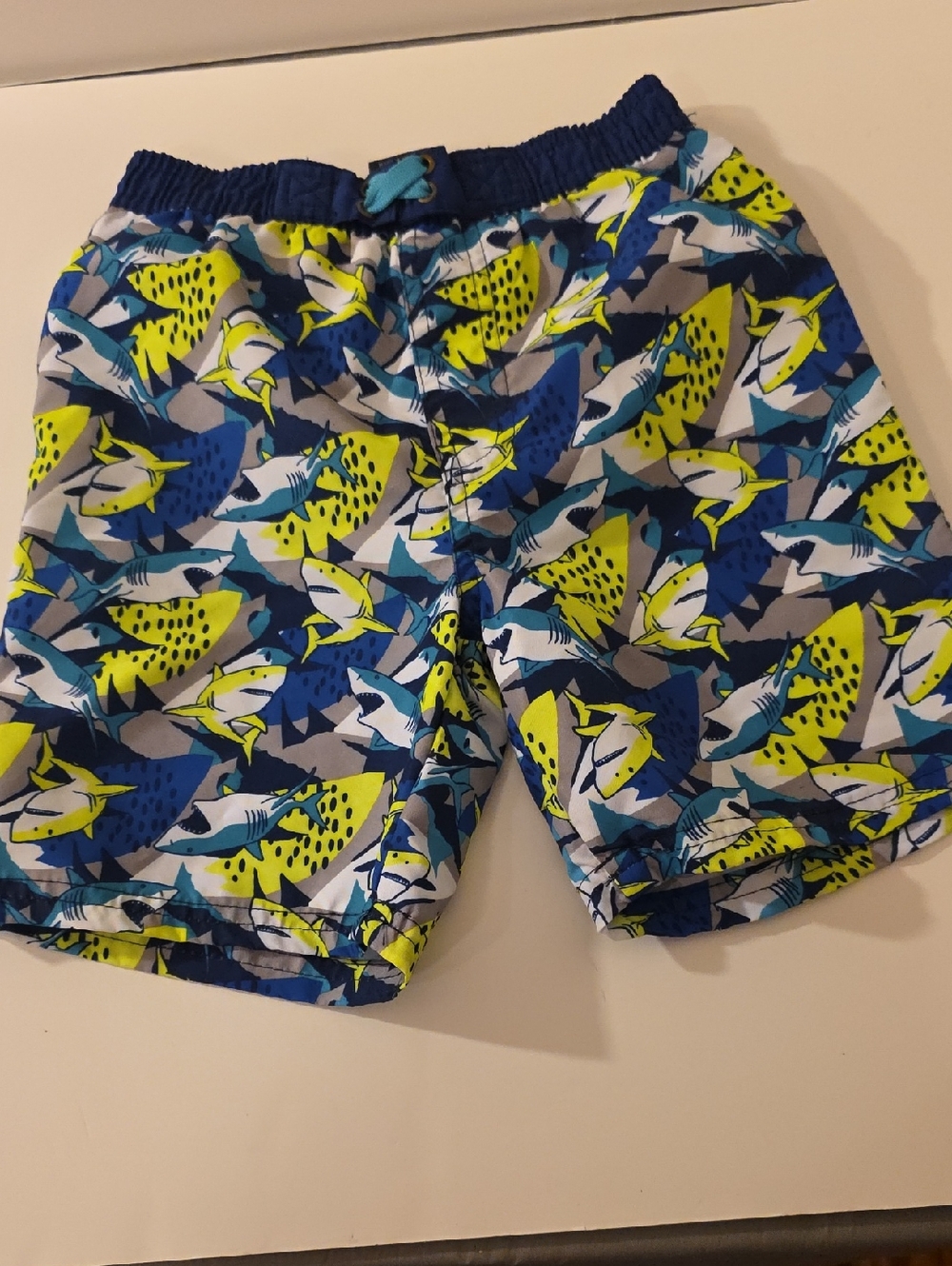 Kids Blue & Neon Yellow Shark Print Swim Trunks